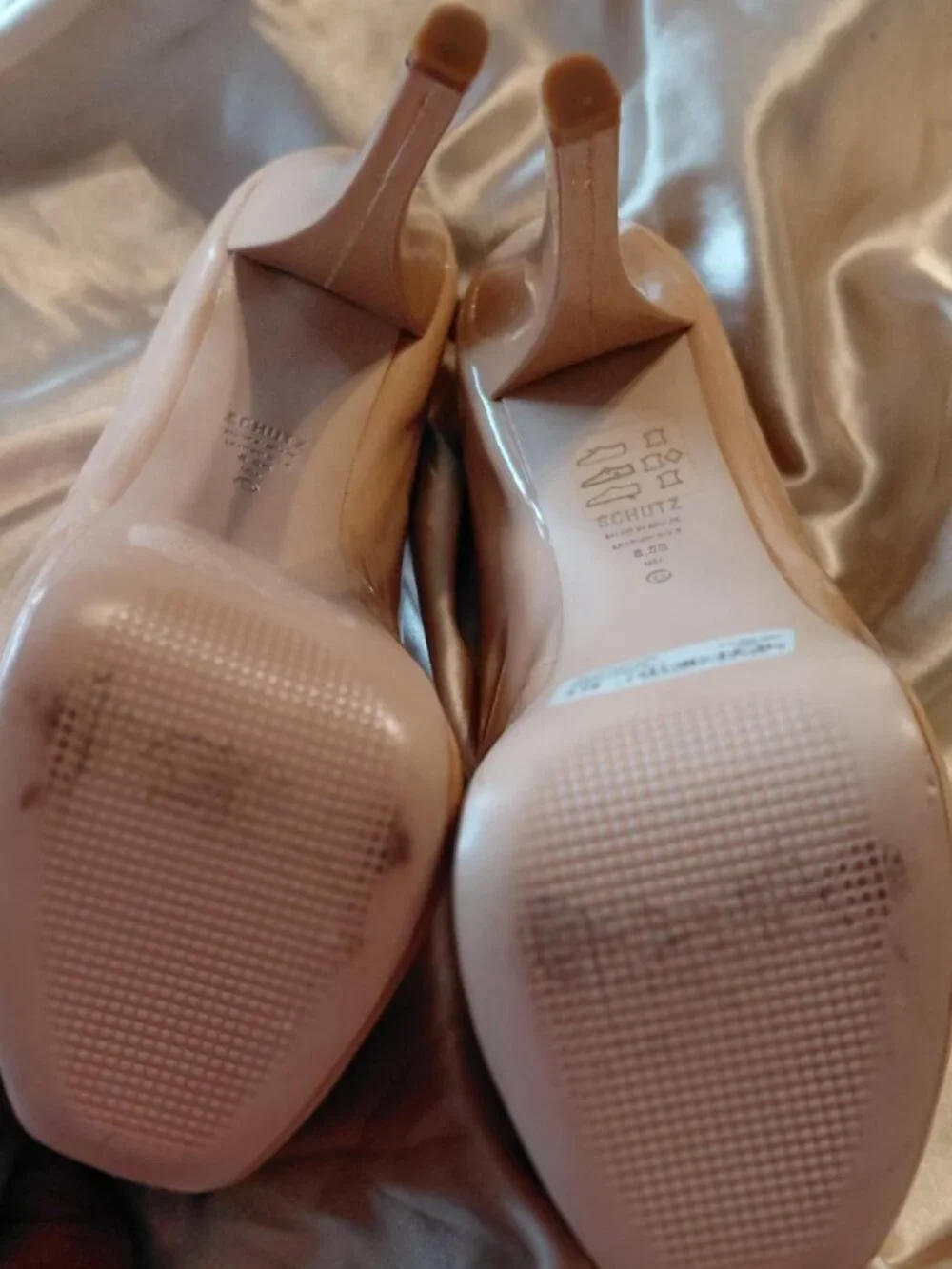 Schutz Zelda Nude Patent Leather Peep Toe Stiletto Heel